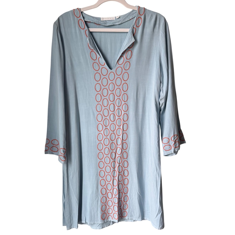 House of Pom Baby Blue Tunic Dress‎ Orange Embroidery Split Neck 3/4 Sleeve SZ M
